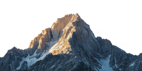 Majestic mountain peak isolated on transparent background, illuminated by the warm glow of sunlight