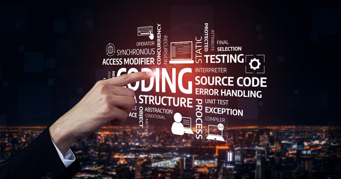 Artistic depiction of coding elements with a hand pointing towards key programming concepts against a vibrant backdrop, emphasizing the importance of technology in development. Tessel