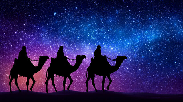Three wise men on camels are walking through the desert at night. The Adoration of the Magi.