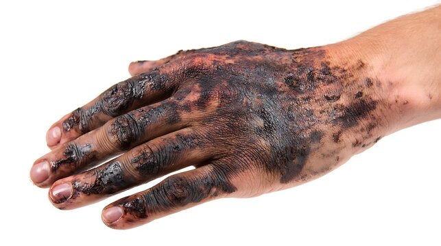 horrible burns on female hand isolated on white.