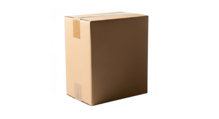 Tall cardboard box package isolated on black ready for shipping and storage solutions transparent background
