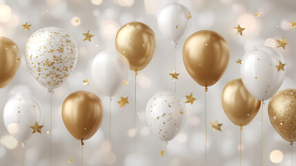 Elegant Happy New Year 2026 banner with glossy gold foil balloons, white stars, and subtle bokeh spark effects creating a joyful winter mood, isolated on white background