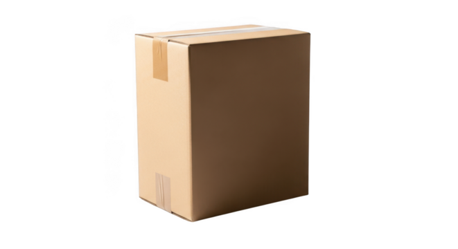 Tall cardboard box package isolated on black ready for shipping and storage solutions transparent background