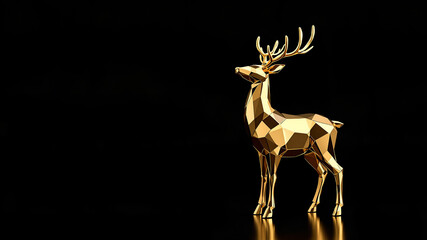 A golden geometric reindeer statue on a black background