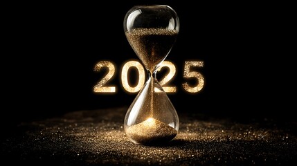 Hourglass with glowing sand marking transition from 2025 to 2026, symbolizing time, change, and countdown to new year. Concept of future, passing moments, and approaching deadlines.