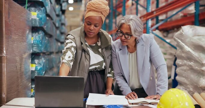 Supply chain, paperwork and women in warehouse, laptop and discussion with shipping schedule. People, computer and employees with cooperation, email and report for logistics, talking and distribution