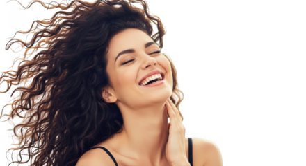 Joyful woman with flowing brunette hair laughing with eyes closed transparent background