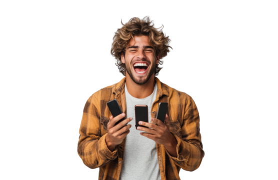 Man Laughing Holding Phones on Transparent Background