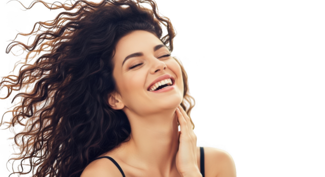 Joyful woman with flowing brunette hair laughing with eyes closed transparent background