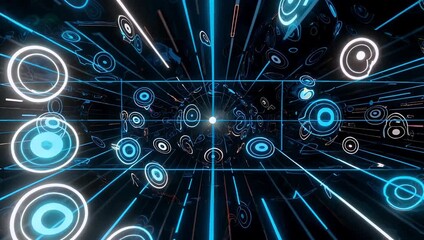 This futuristic 4K motion graphic features a digital blue matrix grid filled with AI themed icons and HUD elements on a dark background illustrating advanced technology and high tech data flow - Powered by Adobe