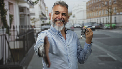 Man smiling middle aged extends hand for handshake holding car key on city street beside parked cars and iron railing; confidence trust.