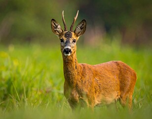 A young buck with small antlers standing in a field of green grass
