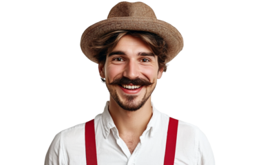 Person in classic Bavarian costume featuring red suspenders and decorative hat for festival