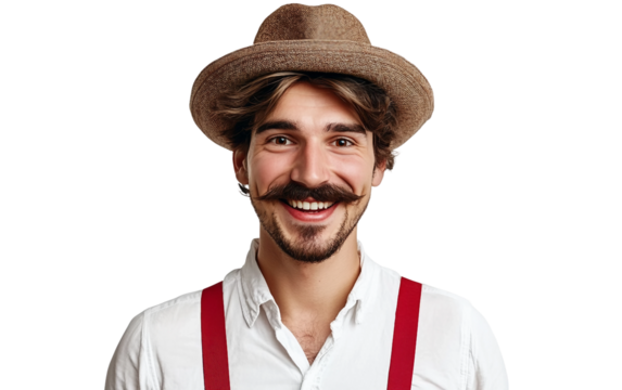 Person in classic Bavarian costume featuring red suspenders and decorative hat for festival