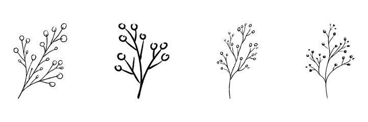 Fototapeta premium Botanical Branches Line Icon Set In Doodle Style. Nature-Inspired Floral Elements Outline Sketch. Decorative Plant Illustrations For Design Projects. Hand Drawn Isolated Vector Illustration
