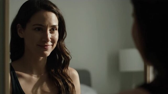 A young woman with long dark hair smiles gently, reflecting on her image in a mirror. - Powered by Adobe