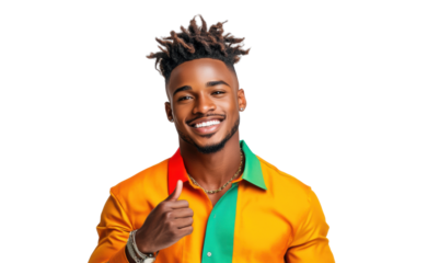 Smiling Man in Colorful Shirt, Thumbs Up on Transparent Background