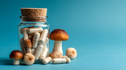 Jar of mushroom supplement capsules with fresh mushrooms on a blue background. Natural and alternative medicine concept.