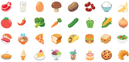 A comprehensive set of cute, flat-style vector food icons, perfect for mobile apps, menus, stickers, food blogs, or children's materials. 