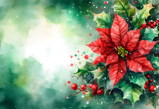 Watercolor poinsettia with holly on green background