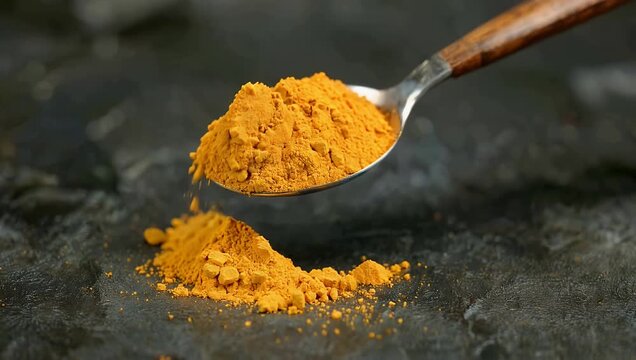 Ultra high quality 4K footage capturing a close up isolated perspective of a metal spoon generously filled with finely ground turmeric powder against a profound dark surface emphasizing the luminous