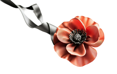 Symbolic intertwining of medal ribbon and red poppy for honoring service and sacrifice