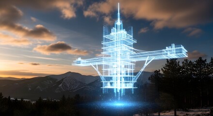 Futuristic Holographic Blueprint of Advanced Technology Building at Sunset Over Mountains