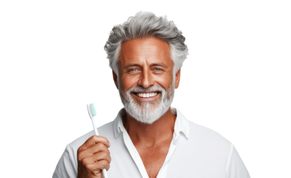 Smiling Man Holding Toothbrush on Transparent Background