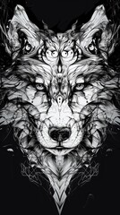 Symmetrical wolf head in an abstract black and white style. Vertical spiritual animal portrait with intricate tattoo-like patterns