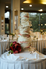 wedding cake on the table ballroom background