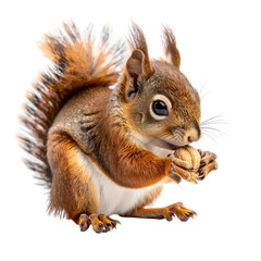 Fototapeta premium Squirrel Small rodent eats nut with bushy tail on transparent background