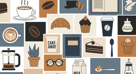 A Cozy Café Atmosphere with Various Treats and Beverages in an Illustrated Style