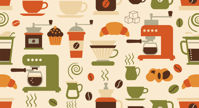 Artistic Coffee Pattern Design Featuring Drinks, Food, and Equipment in a Cozy Cafe Environment