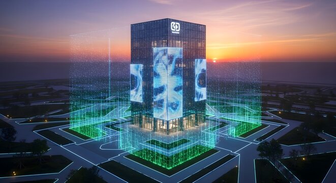 Futuristic skyscraper with digital data streams and fingerprint display at sunset, representing technology and innovation.