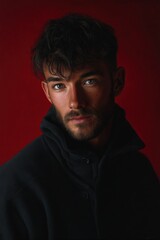 Young caucasian male with dark hair in black jacket against red background