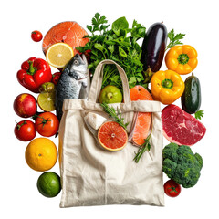 Grocery-filled bag surrounded by fresh produce and proteins
