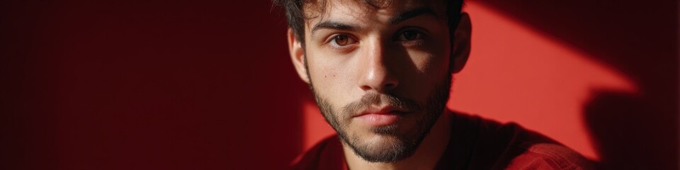Obraz premium Young caucasian male in red light with thoughtful expression