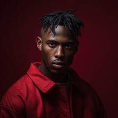 Fototapeta premium Portrait of young african male in red jacket against dark background