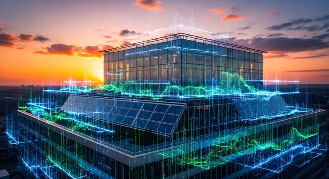 Futuristic Smart City Building with Digital Data Overlays at Sunset, Sustainable Technology, AI Network