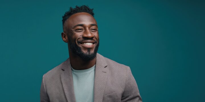 Smiling african male adult in blazer against teal background