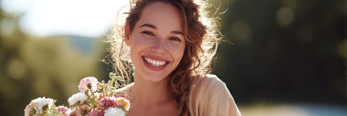 Smiling young caucasian female holding flowers in sunlit garden