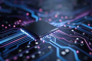 Futuristic microchip with glowing circuits on a circuit board