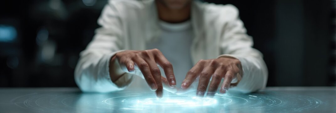 Young adult engaging with futuristic holographic interface in dark room - Powered by Adobe