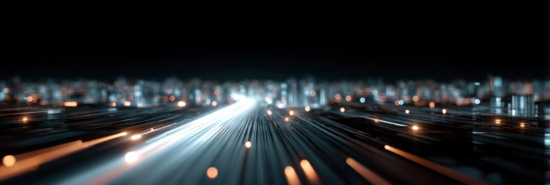 Futuristic cityscape with abstract light trails and blurred buildings