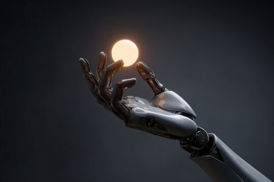 Futuristic robotic hand grasping glowing sphere in dark background
