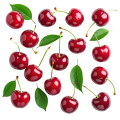 Juicy red cherries with stems and green leaves on a black background
