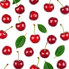 Red cherries & green leaves scattered across a dark background