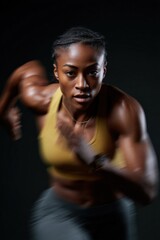 Fototapeta premium Focused african female athlete in motion against dark background