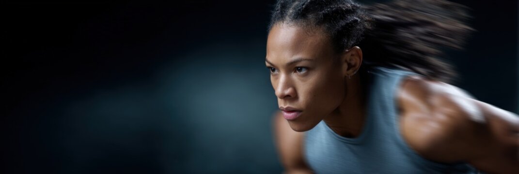 Focused african female athlete in motion wearing gray sportswear on a dark background