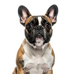 Dog portrait Brindle and white puppy stares on a black background